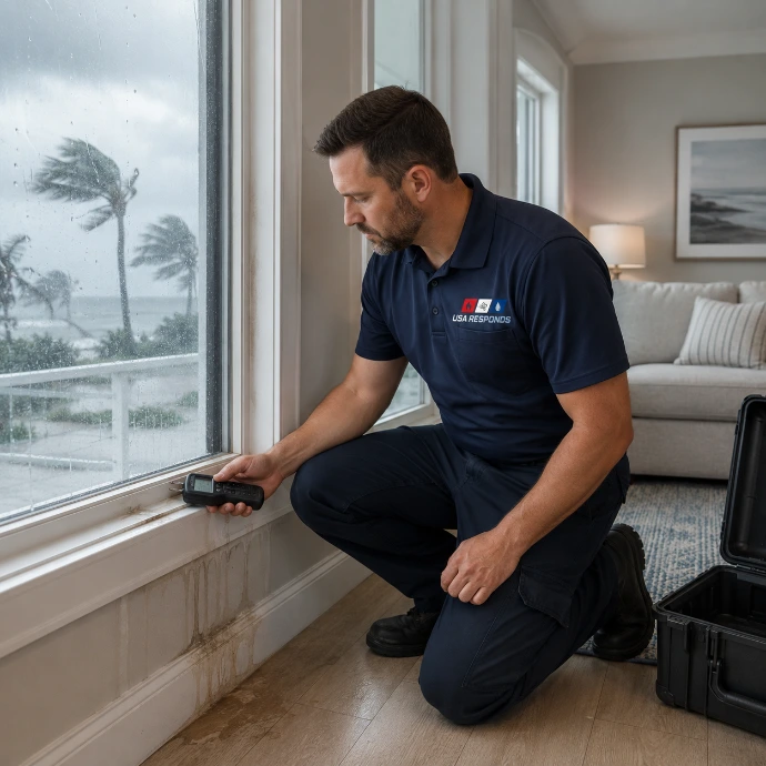 USA Responds inspecting wind-driven rain damage around a coastal property window.