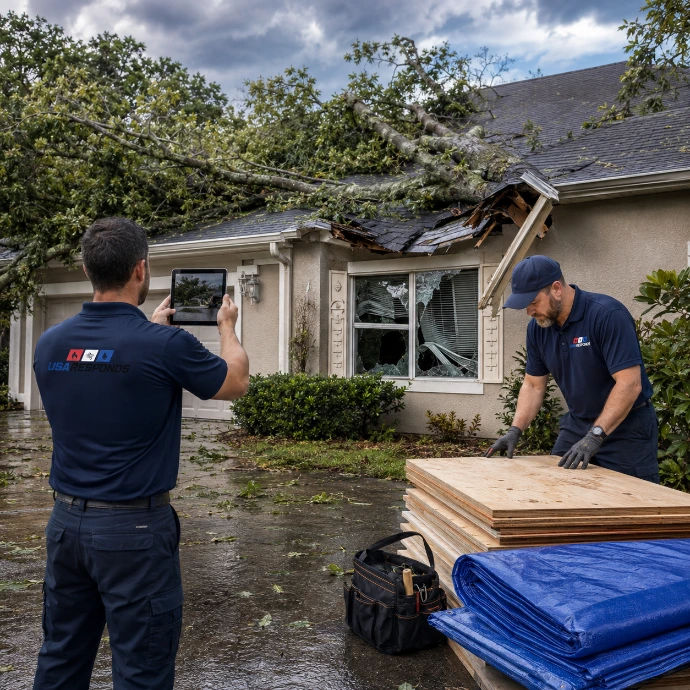 USA Responds assessing roof and window damage after a tree fell on a Polk County home.
