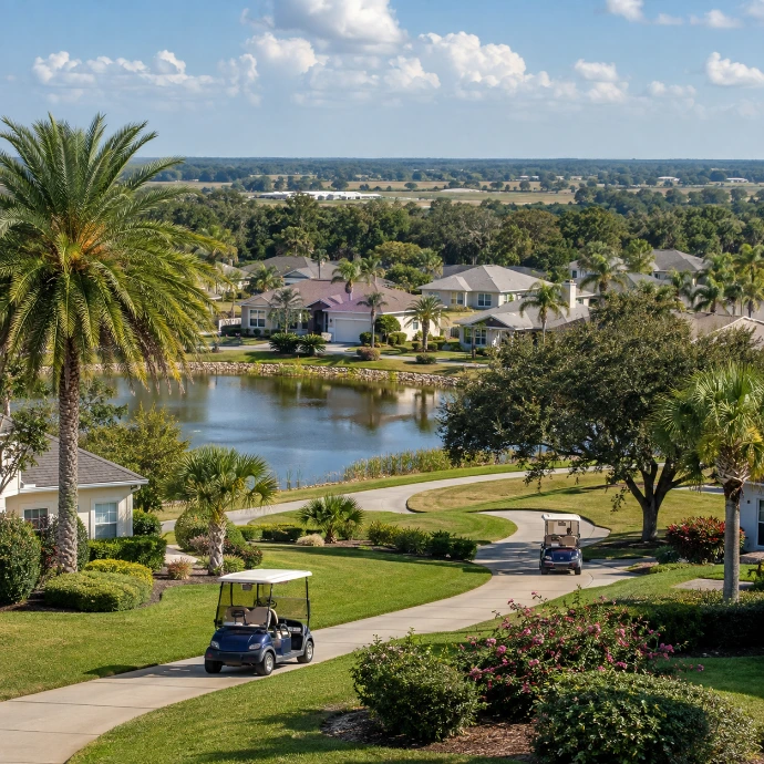 Residential communities, golf-cart paths and neighborhoods in Sumter County, Florida.