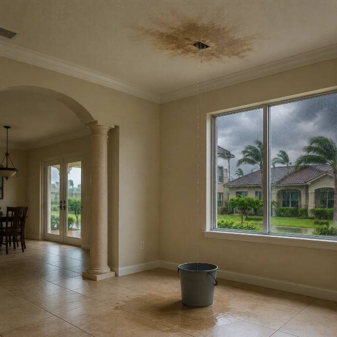 Storm-related roof leak causing ceiling water damage inside a Sumter County home.