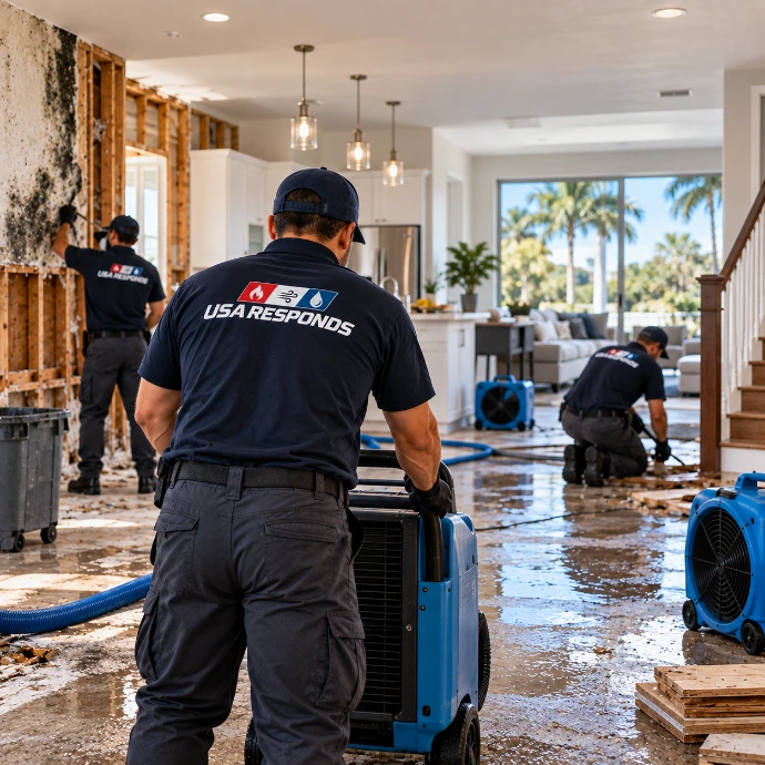 Restoration Team Rebuilding a Water-Damaged Home