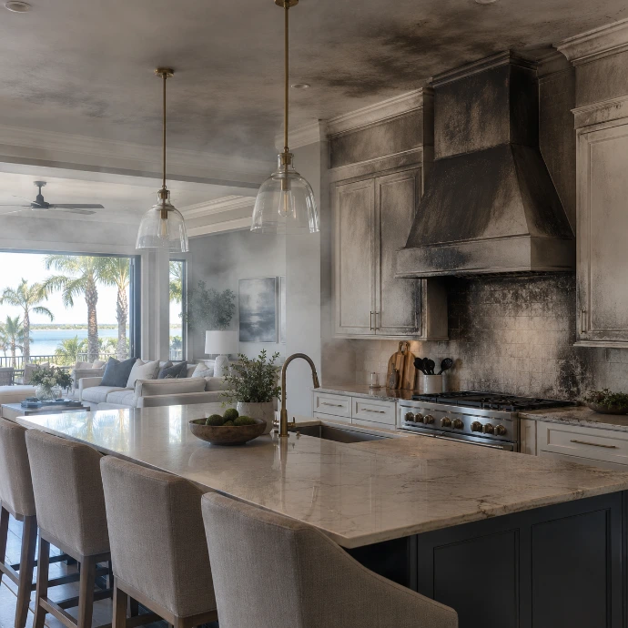 Smoke-Stained Coastal Kitchen Living Space